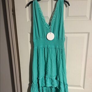 Umgee Teal Lace-Trimmed V-Neck Dress